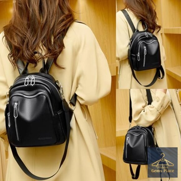 Small PU Leather Backpack Purse for Women, 3-in-1 Convertible Handbag Daypack